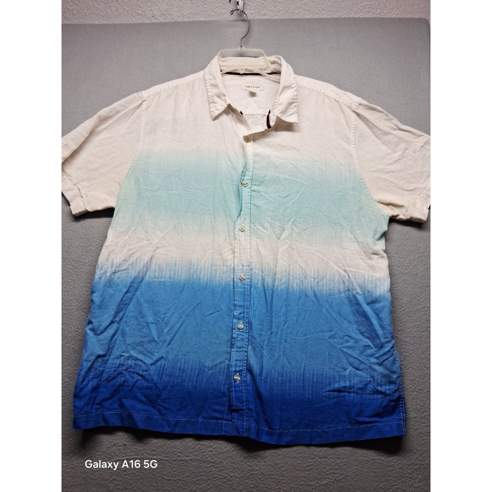 Sun + Stone Men's Short Sleeve Linen Blend Button Down Shirt White Blue Size XL
